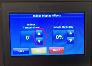 Picture of the -Indoor Display Offsets- screen, showing the -Indoor Temperature Offset- buttons.