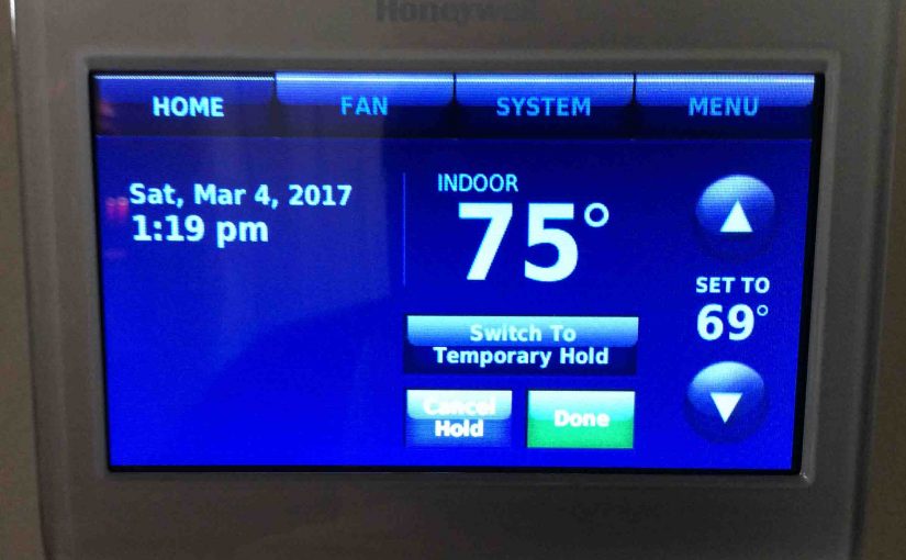 Picture of the Honeywell RTH9580WF wireless thermostat, displaying its -Hold Switch- screen, with -Permanent Hold- selected.