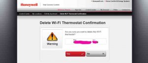 Screenshot of the -Delete Wi-Fi Thermostat Confirmation- page, with our particular thermostat information blanked out. 