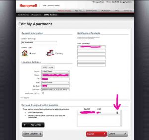 Screenshot of the -Edit My Location- page, with the -Delete Thermostat- link highlighted. Unregister Honeywell Thermostat RTH9580WF.