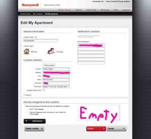 Picture of the Honeywell Total Connect Comfort web site, displaying the -Edit My Location- page, showing no thermostats registered at the -My Apartment- location.