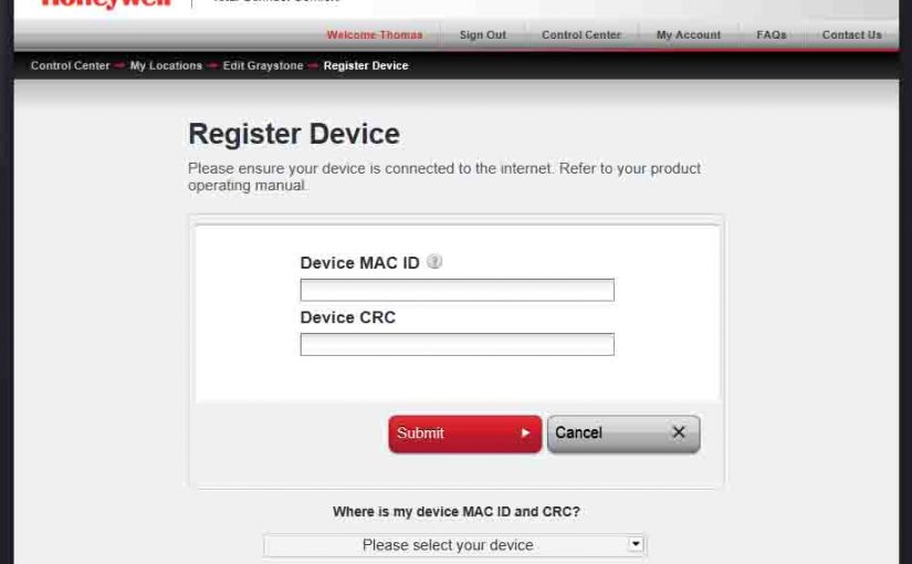 Picture of the Honeywell Total Connect Comfort web site, displaying its -Register Device- page.
