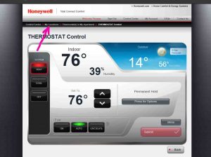Picture of the Honeywell Total Connect Comfort web site, displaying the -Thermostat Control- screen, with the -My Locations- link highlighted.
