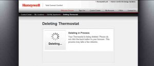 Screenshot of the Honeywell Total Connect Comfort web site, displaying the -Deleting In Progress- page.