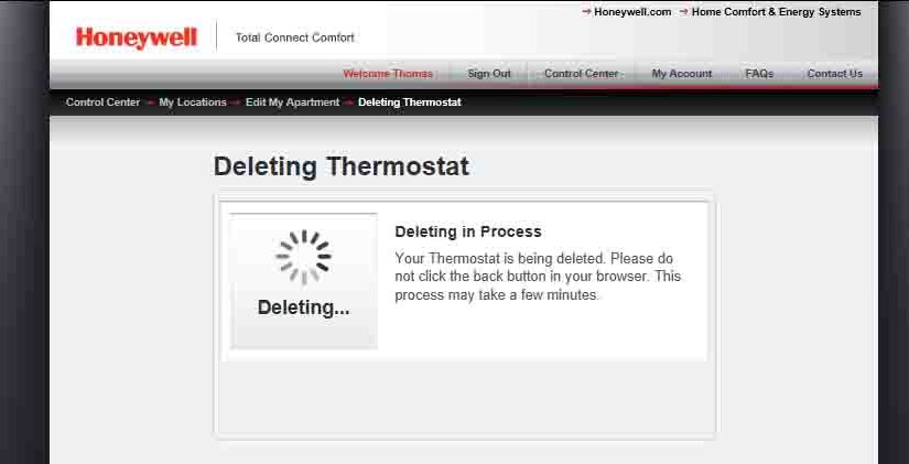 Picture of the Honeywell Total Connect Comfort web site, displaying the -Deleting In Progress- page.
