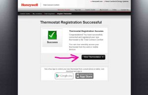 Picture of the Honeywell Total Connect Comfort web site, displaying its -Thermostat Registration Successful- screen, with the -View- button highlighted.