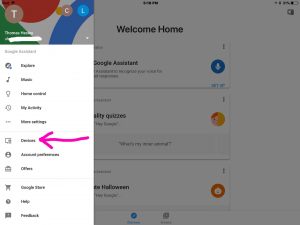 Picture of the Google Home App 2017, showing the Home screen with Devices menu item highlighted.