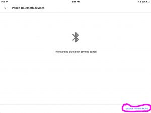 Picture of the Google Home App 2017, showing the Paired Bluetooth Devices screen, with the Enable Pairing Mode link highlighted