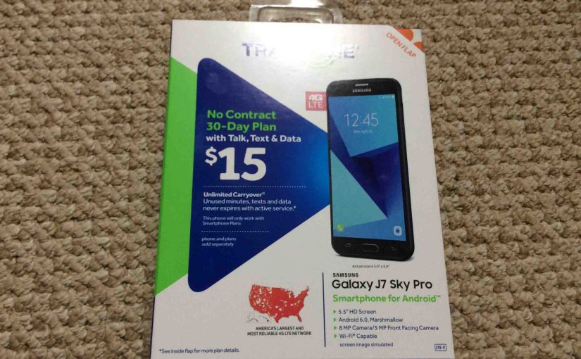 Front view picture of the original packaging for the Samsung Galaxy J7 Sky Pro smart phone.