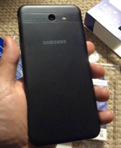 Picture of the Samsung Galaxy J7 Sky Pro smart phone, rear view, showing the battery cover installed.