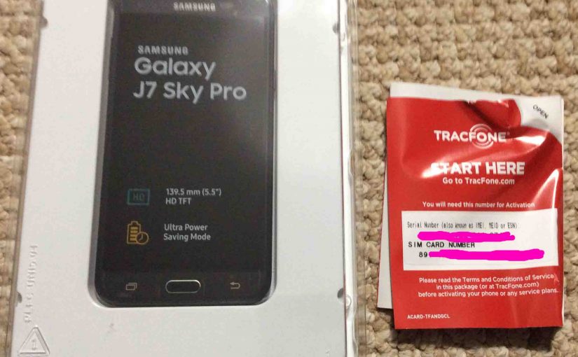 Picture of the Samsung Galaxy J7 Sky Pro Tracfone, showing the inner plastic packaging along with the startup instructions pamphlet.