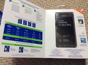 Picture of the Samsung Galaxy J7 Sky Pro TracFone, original packaging with the front flap open.