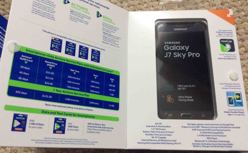 Picture of the Samsung Galaxy J7 Sky Pro Tracfone, original packaging with the front flap open.