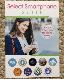 Picture of the Select Smart Phone Suite advertisement pamphlet, front view. Unboxing Samsung Galaxy J7.