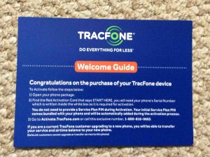 Picture of the Tracfone welcome guide that accompanies Tracfone smart phones in the box.
