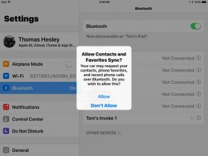 Picture of the Allow Contacts and Favorites Sync prompt screen, as displayed on an Apple iPad iOS device.