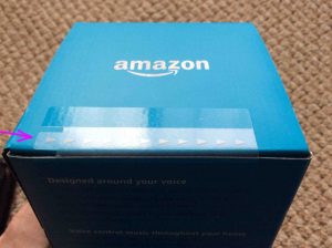 Picture of the Amazon Echo 2nd generation smart speaker box, sealing tape highlighted.
