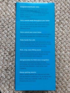 Picture of the 2nd generation Alexa speaker box, side view, showing main features list .