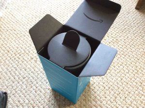Picture of the Amazon Echo generation 2 smart speaker box, top open, showing inner speaker holder from another angle.