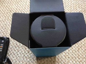 Picture of the Amazon Echo 2nd gen speaker box, showing the top open, revealing the inner cardboard speaker holder.