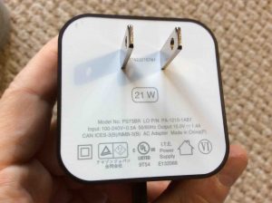 Picture of the Amazon Echo 2nd gen smart speaker power adapter, showing its AC prongs side.