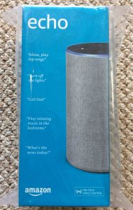 Picture of the original packaging front for the Alexa Gen 2nd smart speaker. 