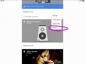 Picture of the Google Chromecast Audio receiver, as shown in the Google Home app, with its Reboot option circled.