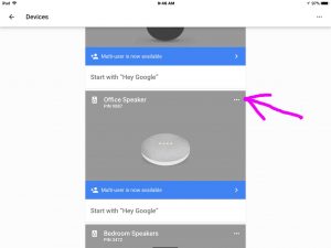 Screenshot of the Google Home Mini speaker item in the app, in the -Devices- list. Showing its -Device Menu - button.