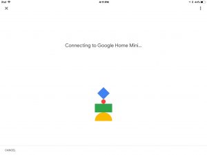 Picture of the Google Home app on iOS, displaying the -Connecting To Google Home Mini Speaker- screen.