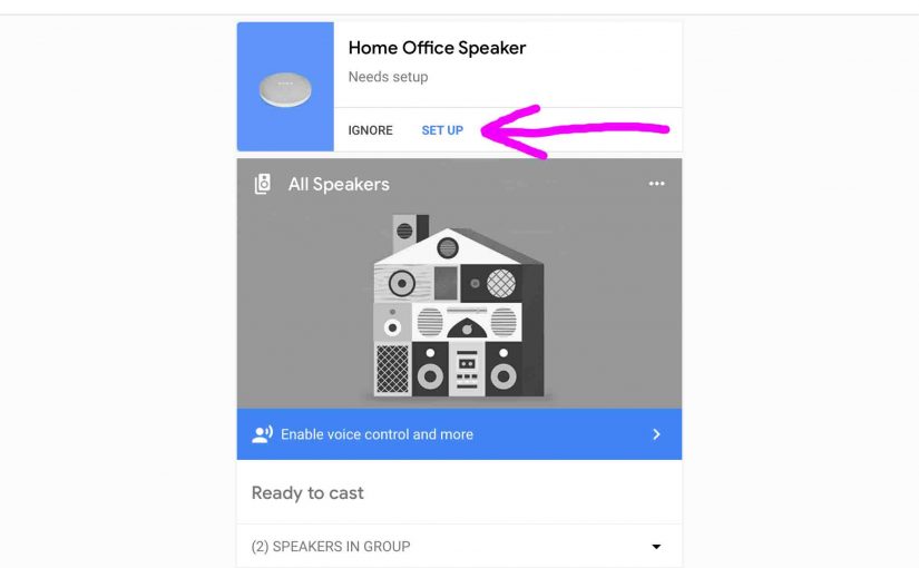 Picture of the Google Home app on iOS, displaying its Devices screen, showing the Google Home Mini smart speaker -Set Up- link highlighted.
