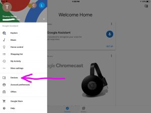 Picture of the Google Home app on iOS in 2017, displaying its hamburger menu, with the Devices Item highlighted. Chromecast Audio equalizer adjust.