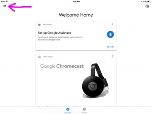 Screenshot of the Google Home app Home screen, showing the hamburger button.