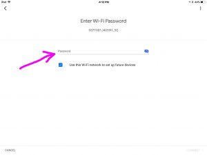 Picture of the Google Home App on iOS, displaying the -Enter Wi-Fi Password- screen, with the password entry field highlighted.