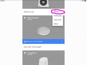 Picture of a Google Home smart speaker, as displayed in the Home App, with its Settings menu item circled.