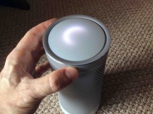 Picture of the changing light pattern on the Harman Kardon Invoke smart speaker, as the volume ring is rotated.