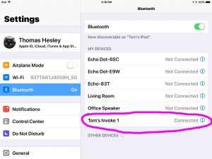 Picture of the Bluetooth Settings screen on an Apple iPad, showing a successfully paired Microsoft Invoke smart speaker. 