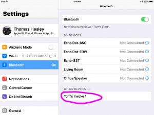 Picture of the Bluetooth Settings screen on an Apple iPad, showing the Microsoft Invoke smart speaker, ready to be paired. 