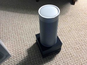 Picture of the Cortana Microsoft Invoke speaker, new in box, with the top outer shell removed.
