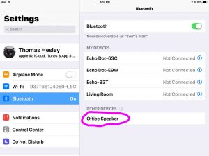 Picture of the iOS Bluetooth Found Devices list, showing our Google Home, that is named Office Speaker, circled.