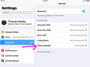 Picture of the iOS Bluetooth Found Devices list, showing Google Home Mini Bluetooth speaker, named Office, successfully paired.