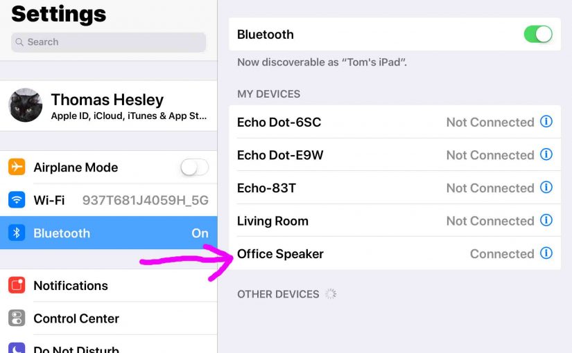 Picture of the iOS Bluetooth Found Devices list, showing Google Home Mini Office Speaker, successfully paired.