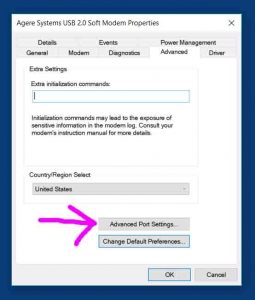 Picture of the Agere Systems USB 2.0 Soft Modem configuration screen on Windows 10, showing the Advanced Settings tab, with the Advanced Port Settings button highlighted.
