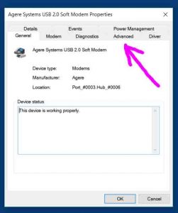 Picture of the Agere Systems USB 2.0 Soft Modem Configuration screen on Windows 10, with the Advanced tab highlighted. How to Change COM Port on USB Modem.