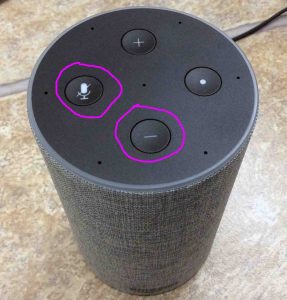 Picture of the Amazon Echo Gen 2 smart speaker reset button location. It's a button combination of the Mic Mute and Volume Down buttons, as circled in purple. 