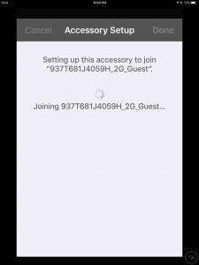 Picture of the Cortana app on iOS, displaying its -Accessory Setup- screen, while Joining network is in progress.