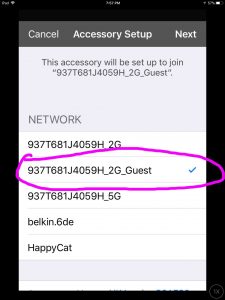 Picture of the Cortana app on iOS, displaying its -Accessory Setup Network- screen, showing the desired Wi-Fi network, checked and circled. How to Set Up Invoke Speaker.