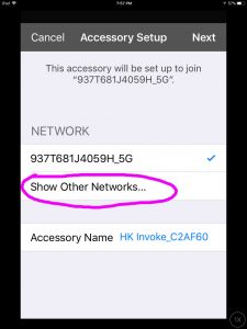 Picture of the Cortana app on iOS, displaying its -Accessory Setup Network- screen, showing the -Show Other Networks- button highlighted.