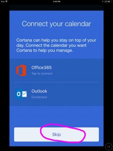 Picture of the Cortana app on iOS, displaying its -Connect Your Calendar- screen, with the -Skip- button circled. How to Set Up Invoke Speaker.