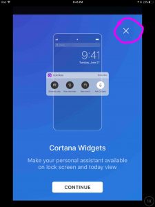 Picture of the app displaying the Cortana widgets setup prompt screen, with the Close (X) button highlighted.