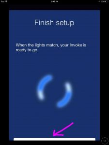 Picture of the Cortana app on iOS, displaying its -Finish Setup- screen, with the -Next- button highlighted.